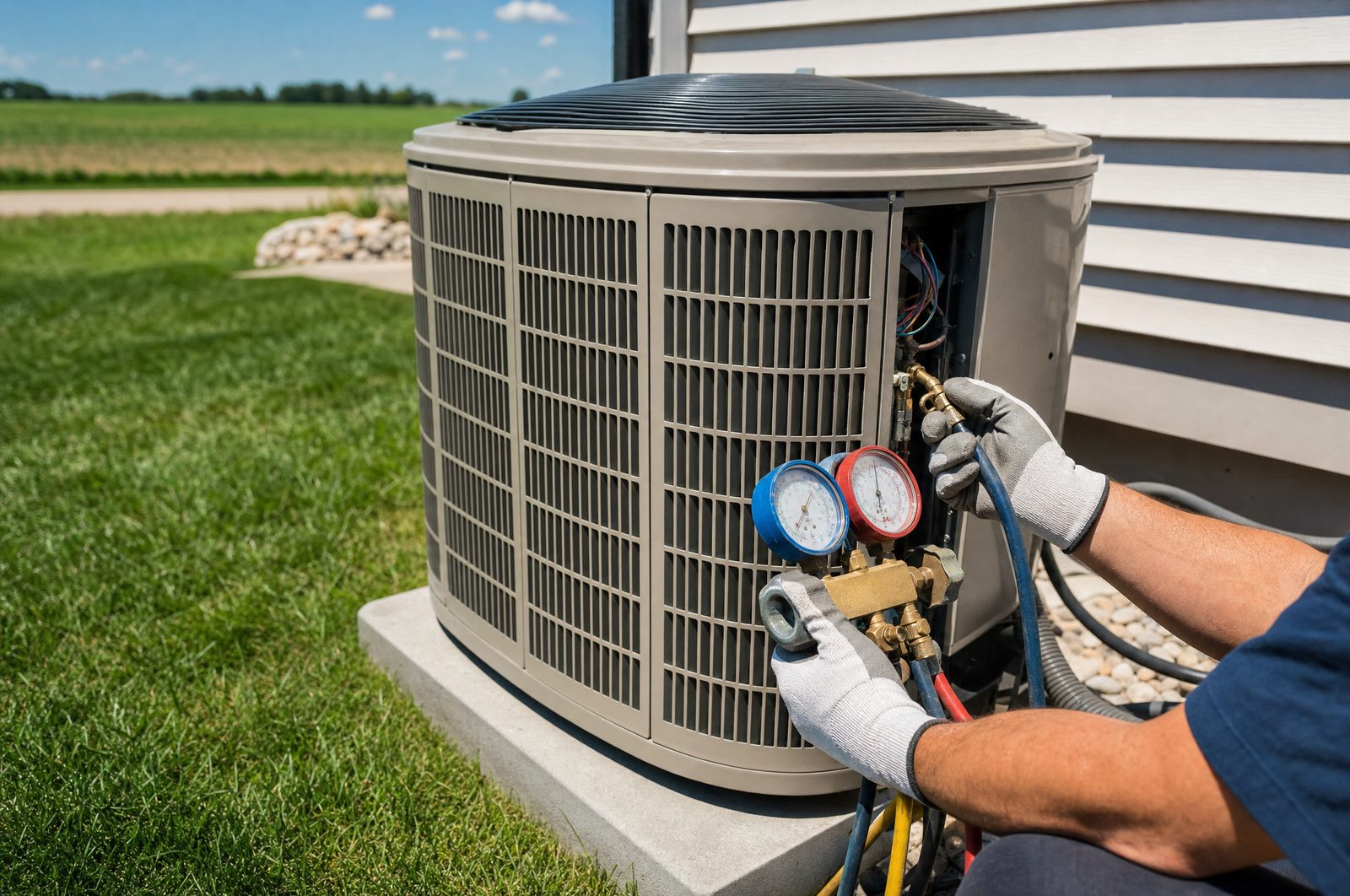 Residential air conditioning condenser unit outside a home with service gauges attached