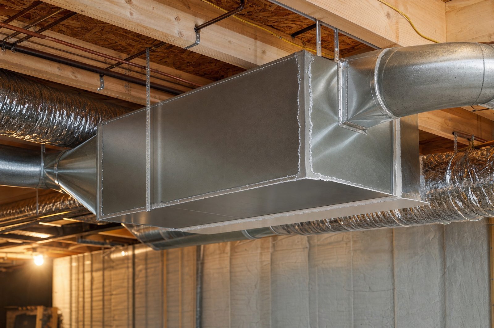 Newly installed galvanized sheet metal ductwork and plenum in a residential basement