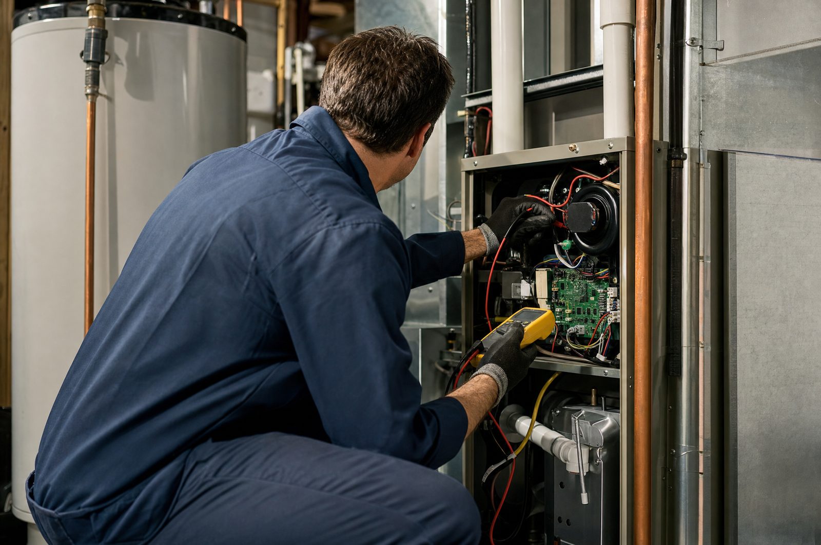 Technician checking the control board on a high-efficiency gas furnace in a basement utility room