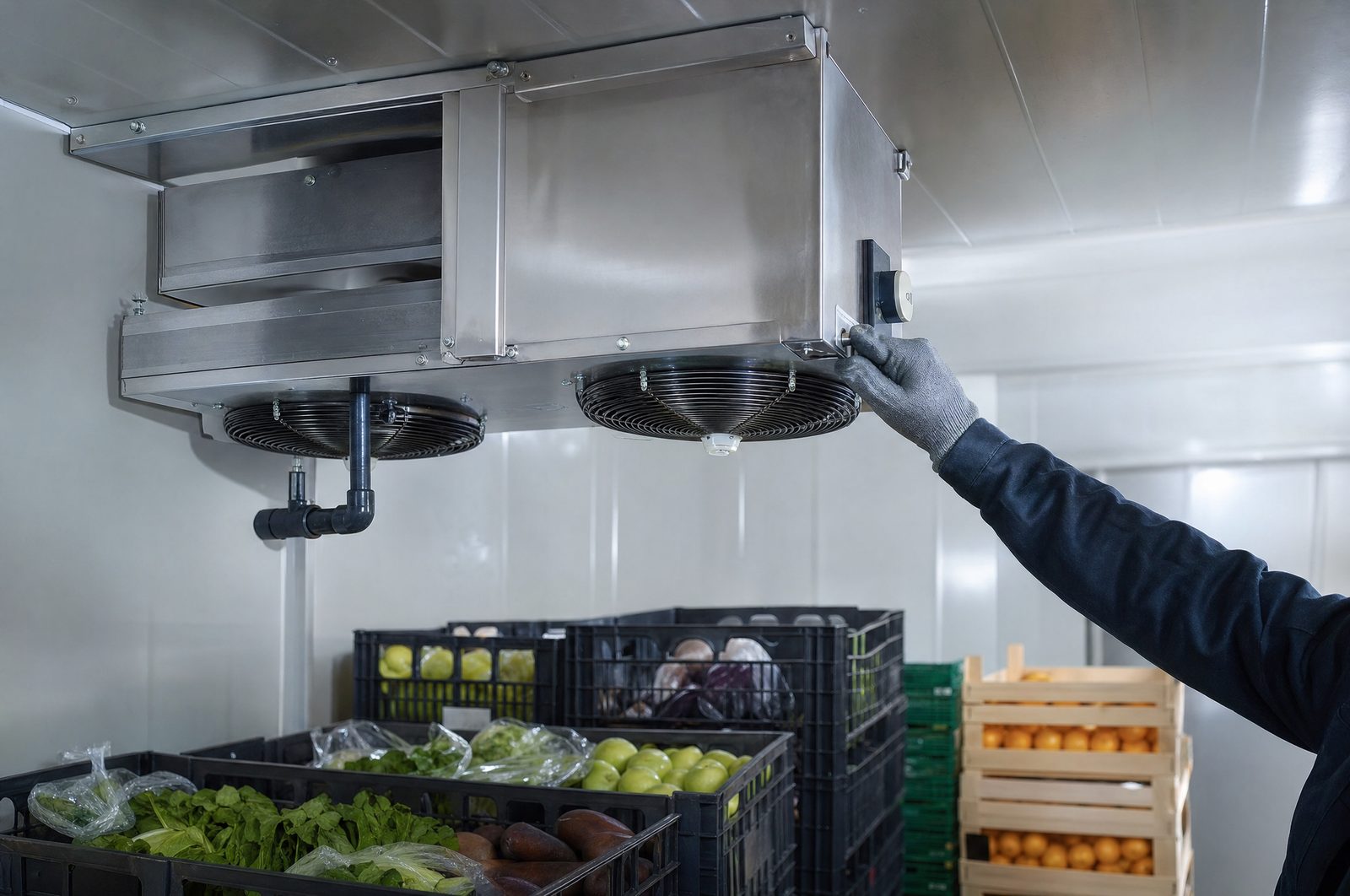 Stainless steel refrigeration evaporator unit inside a commercial walk-in cooler